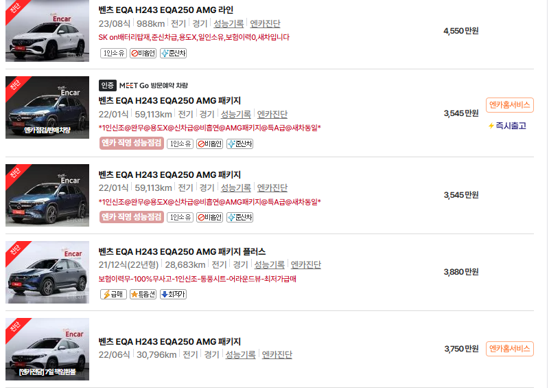 벤츠 EQA 중고차 가격 시세표 24년11월