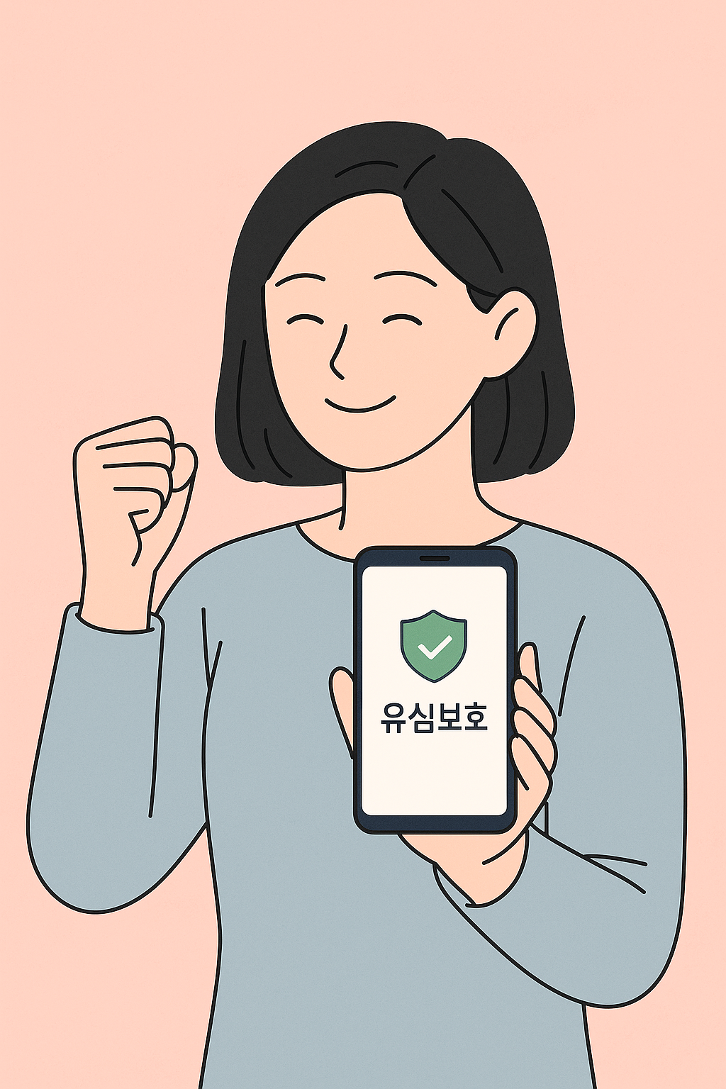 SKT 유심보호 설정 완료 후 안심하는 여성 사용자의 스마트폰 보안 인증 일러스트 이미지