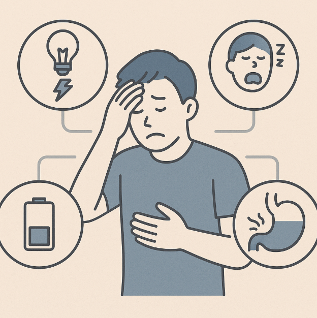 두통, 무기력, 소화불량 등 피로 누적 증상을 아이콘으로 표현한 일러스트