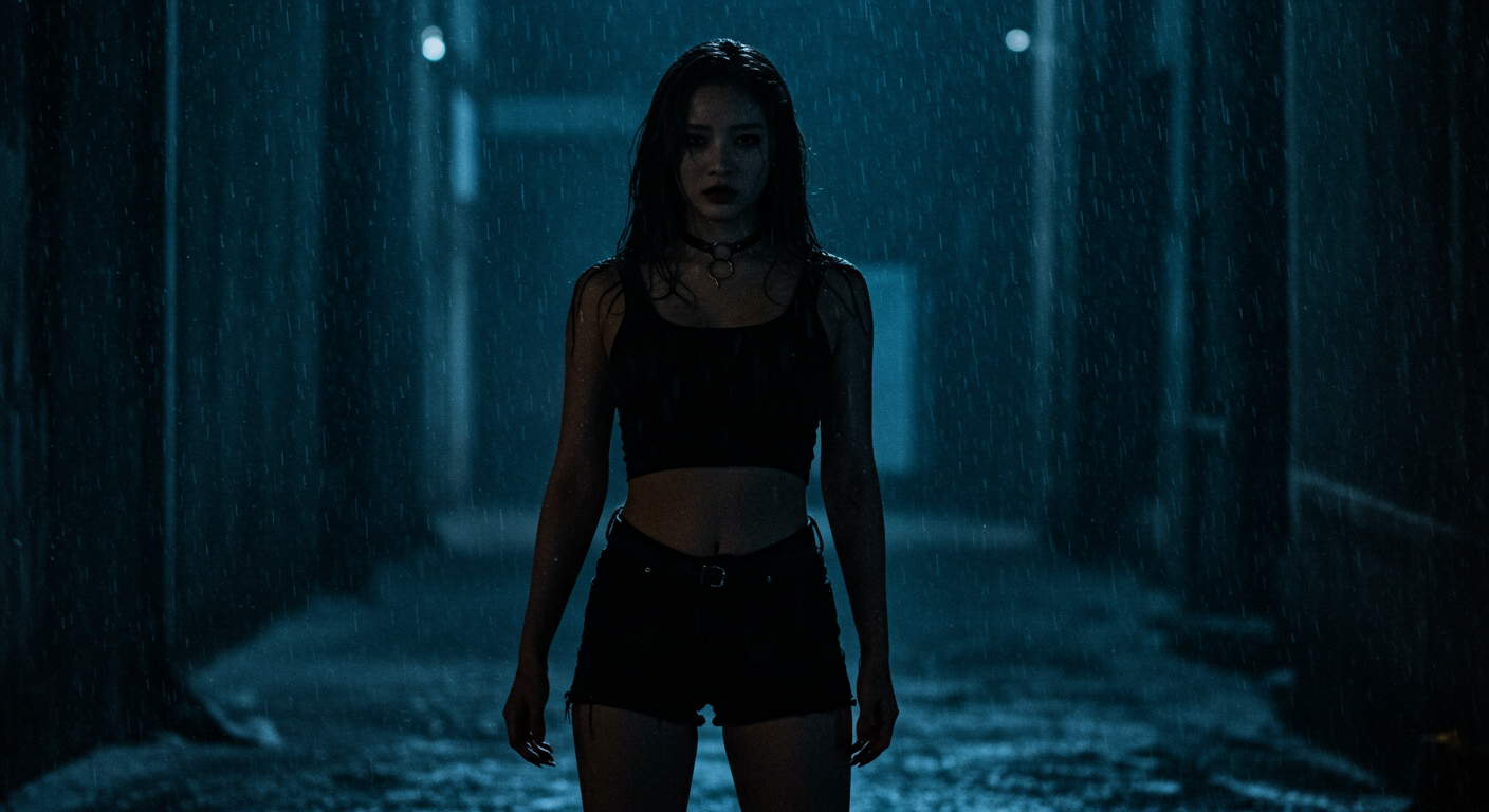 어두운 골목에서 비를 맞고 서있는 여성