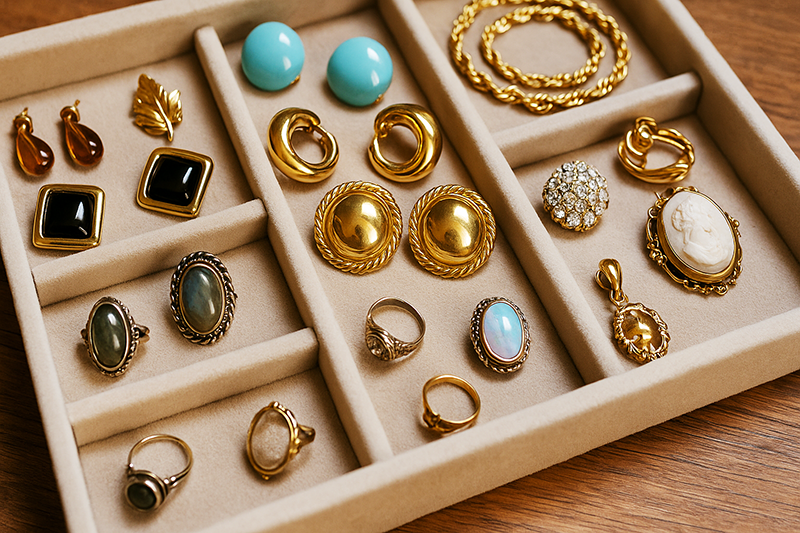 빈티지 샵에 구입한 소품들.귀걸이,브로치,반지,컵스 버튼,메달 등이 보관 상자에 가지런히 놓여있음.주로 구리에 도금한 제품들이거나 원석을 가공한 보석류들이 있음.