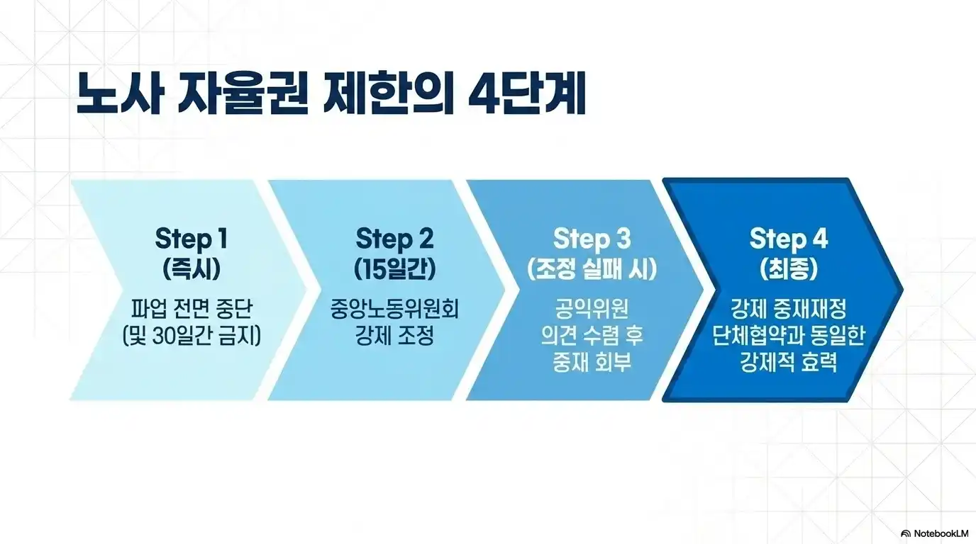 긴급조정권 발동 시 노사 자율권 제한 4단계