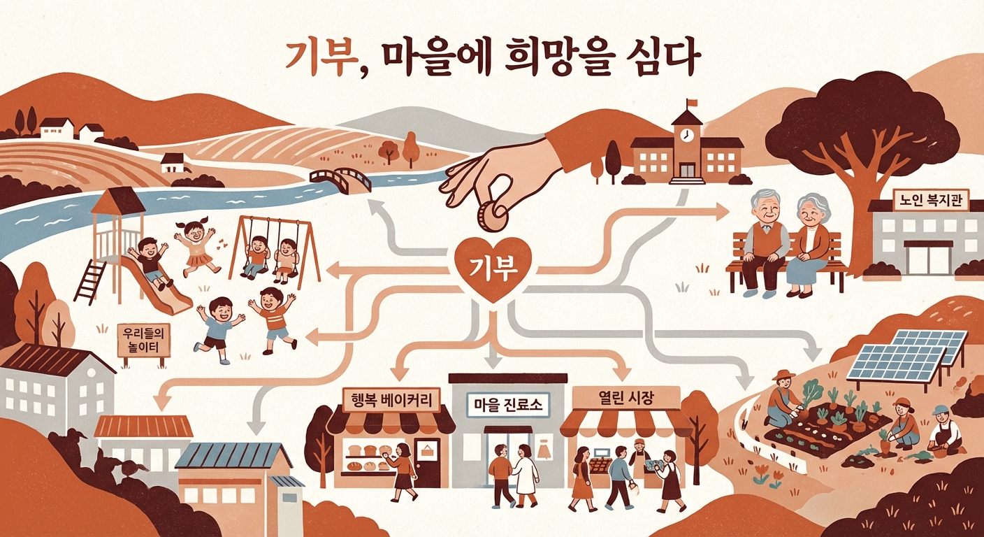 고향사랑기부금으로 활기를 되찾은 시골 마을, 아이들과 어른들이 행복하게 어울리고 작은 상점들이 번성하는 모습.