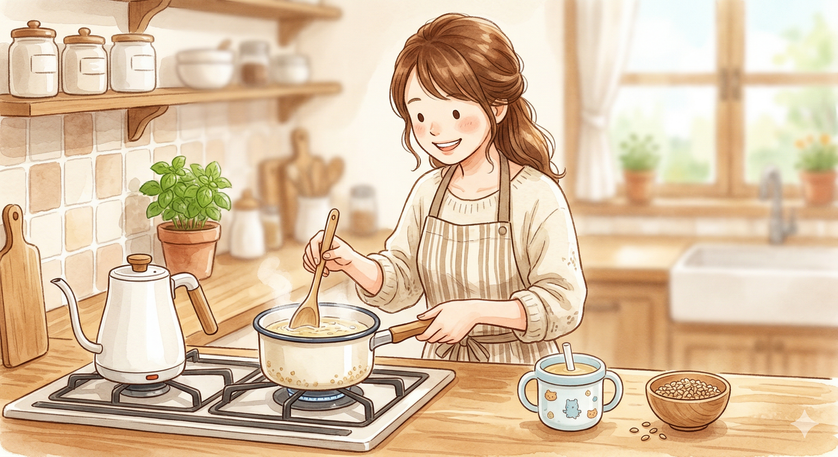 A warm kitchen scene with a small pot of lightly brewed barley tea, a baby cup, and a formula pot, illustrating gentle hydration during weaning.