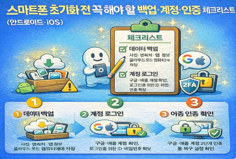 스마트폰 초기화 전 꼭 해야 할 백업, 계정 로그인, 이중 인증 체크리스트를 안내하는 안드로이드&middot;iOS 가이드 이미지