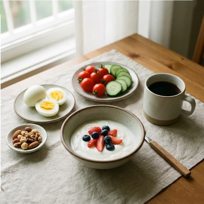 달걀·무가당 요거트·베리·채소로 구성한 혈당 안정 아침 식사 예시 사진