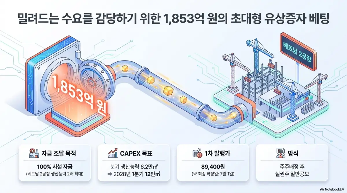티엘비 주가 전망: 티엘비의 약 1&amp;#44;853억 원 규모 유상증자를 설명하는 인포그래픽으로&amp;#44; 조달 자금 100%가 베트남 2공장 시설 투자에 쓰이는 점을 보여줍니다. 분기 생산능력을 6.2만㎡에서 2028년 1분기 12만㎡로 확대하는 목표와 1차 발행가 89&amp;#44;400원&amp;#44; 주주배정 후 실권주 일반공모 방식을 시각화하며&amp;#44; 블로그의 티엘비 유상증자 분석과 연결됩니다. 