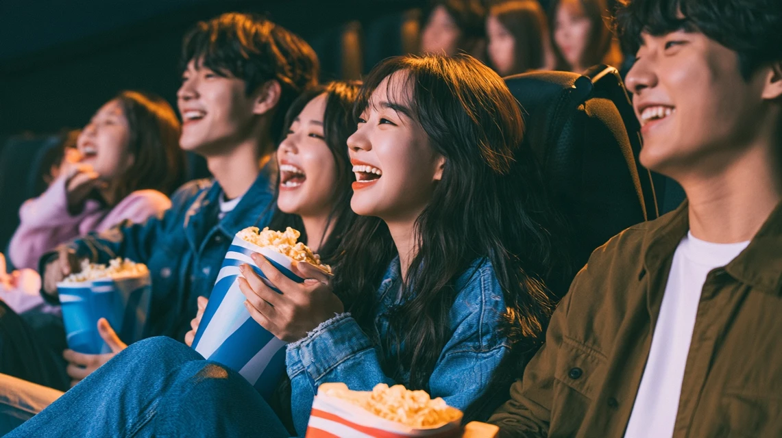 극장 앞에 모여 영화표를 들고 있는 사람들