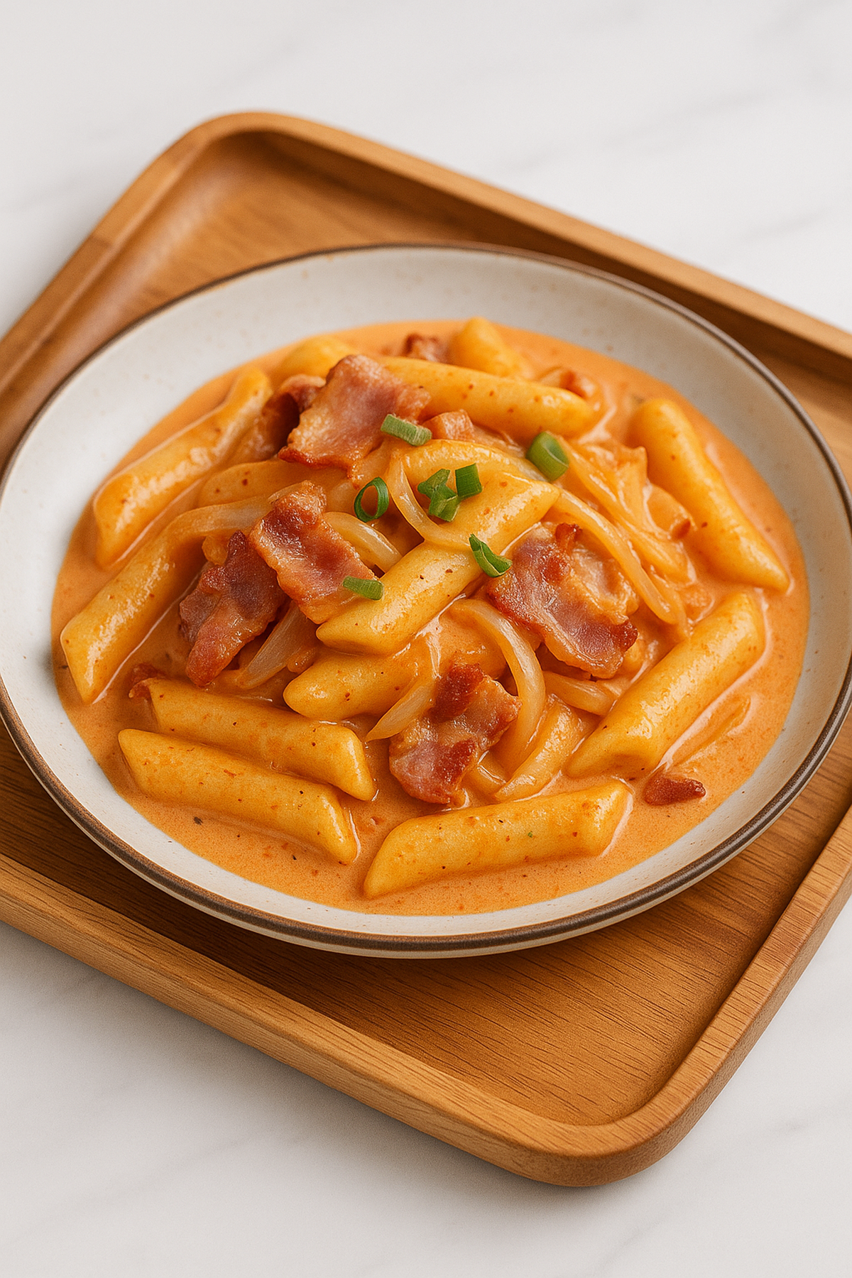 Creamy Korean rosé tteokbokki with bacon and onions served on a wooden tray