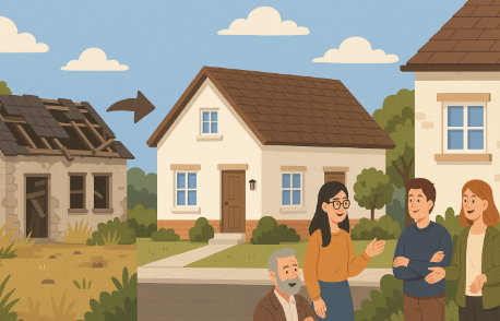 "폐가가 리모델링을 통해 새 주택으로 변신하고 주민들이 모여 교류하는 모습을 보여주는 일러스트"