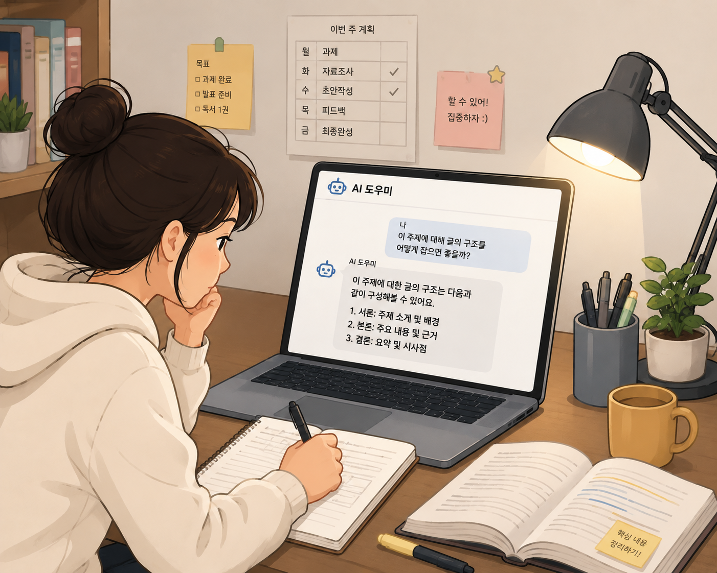 AI를 활용해 과제 내용을 정리하고 글 구조를 고민하는 학생의 모습