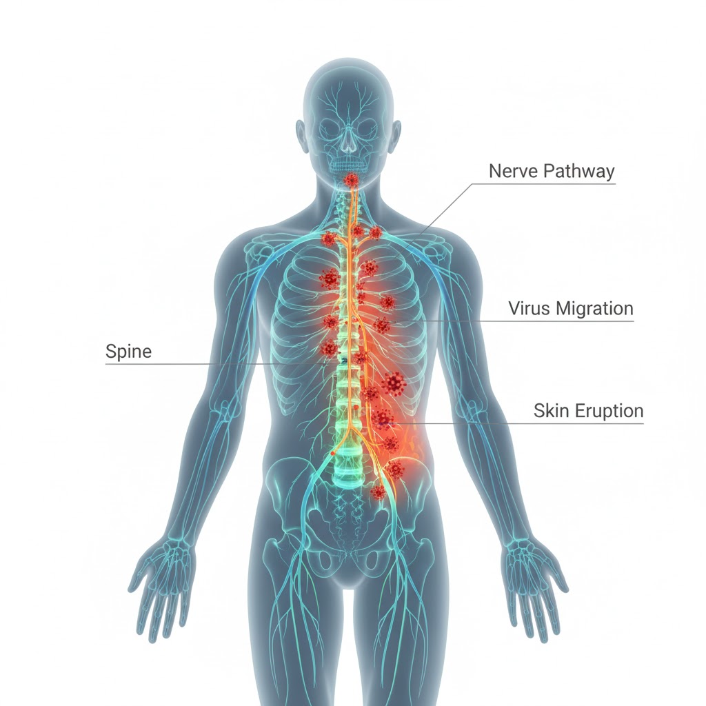 수두바이러스가 신경을 따라 피부로 올라오는 과정