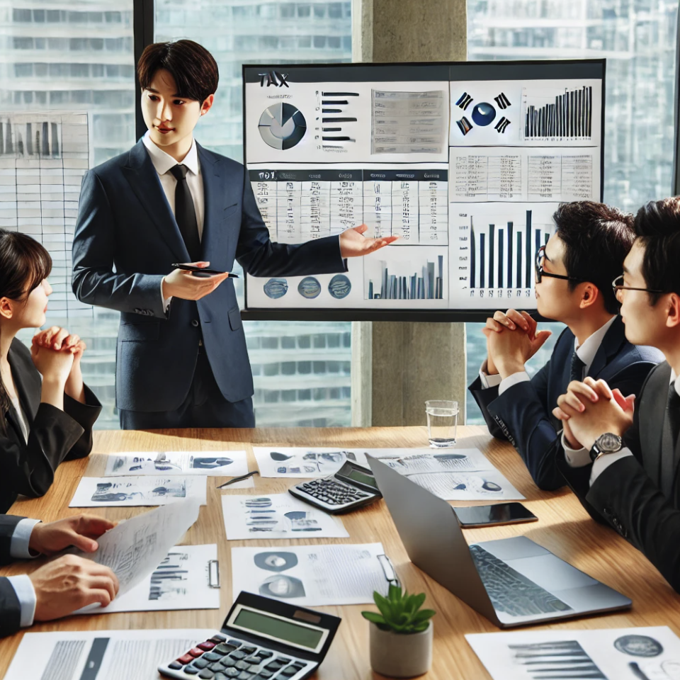 동료들에게 법인세 보고서를 프레젠테이션하는 장면