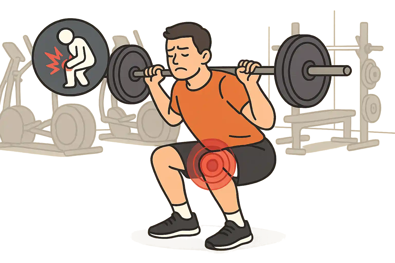 헬스장에서 스쿼트 자세가 잘못된 사람, 왼쪽 무릎에 빨간 표시로 부담 강조, 운동 중 무릎 통증