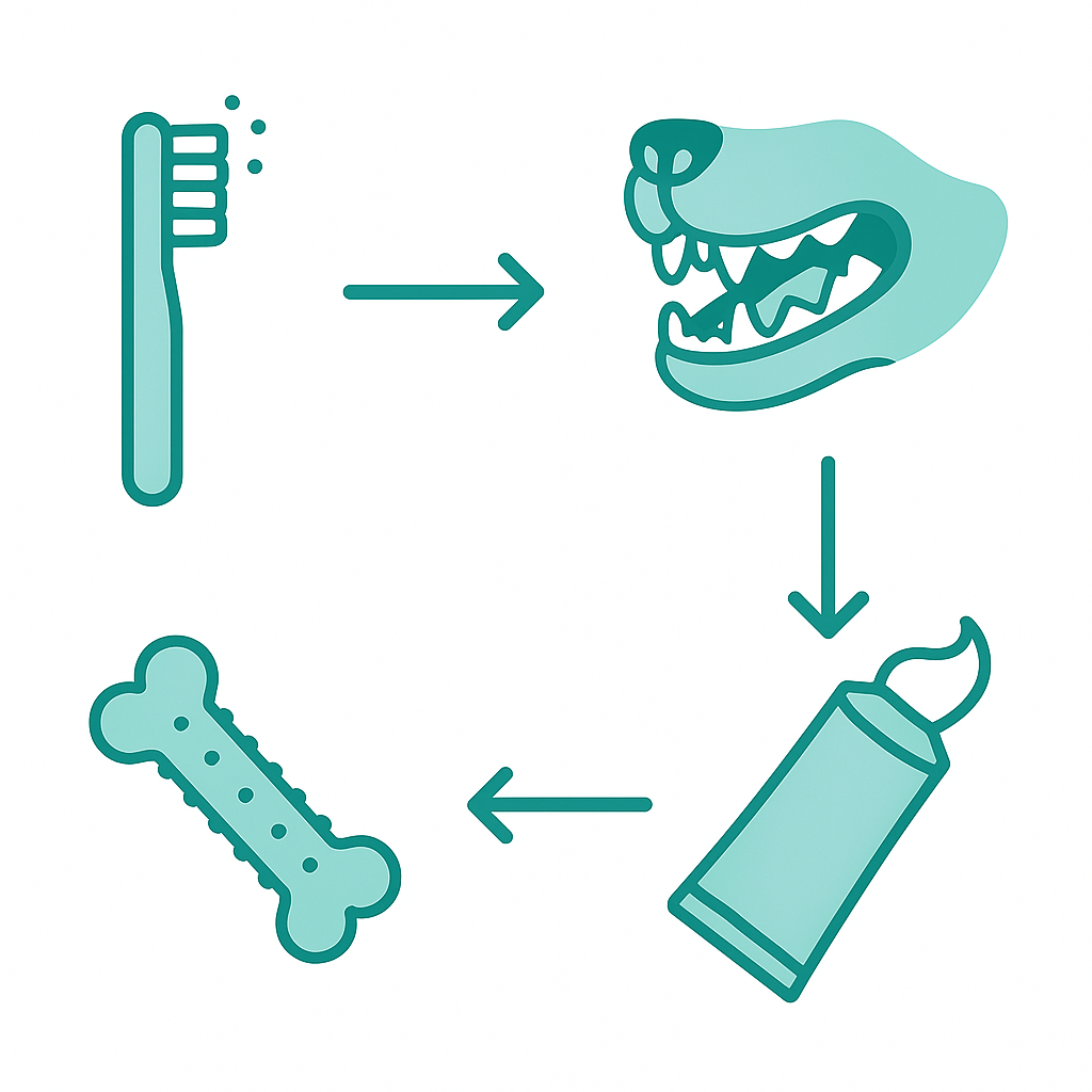 집에서 하는 치석 관리 흐름. 치약 추천 기준을 담은 절차 일러스트.