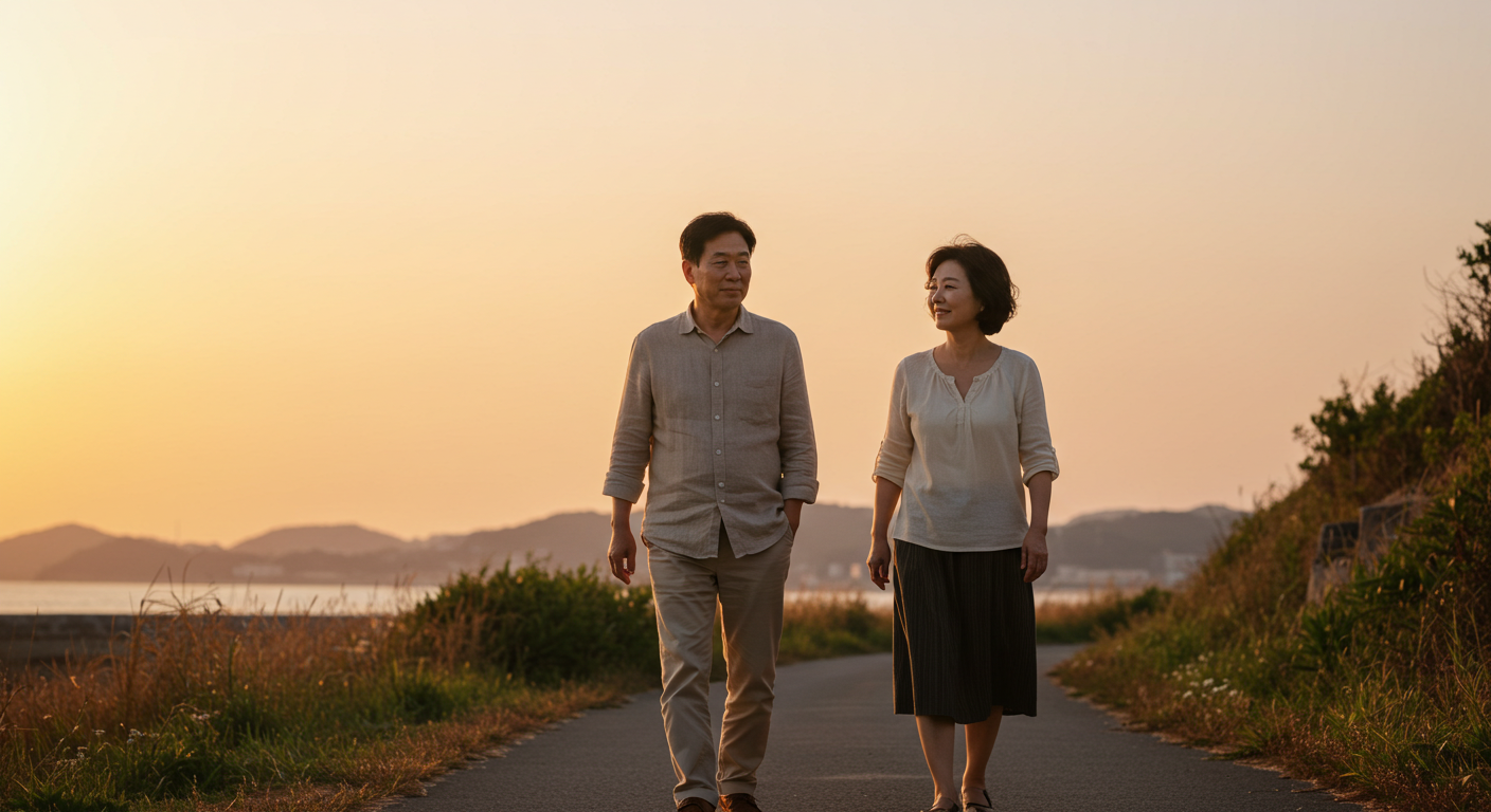 함께 산책하는 중년 부부