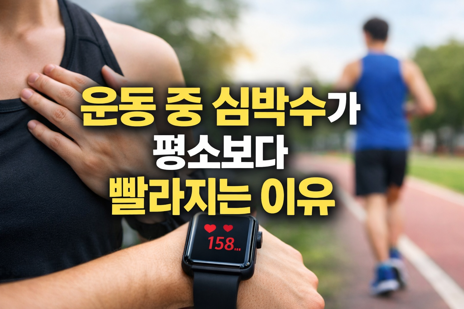 러닝 중 심박수가 상승한 스마트워치를 확인하며 가슴에 손을 얹고 운동 중 심박수 변화를 인식하는 장면