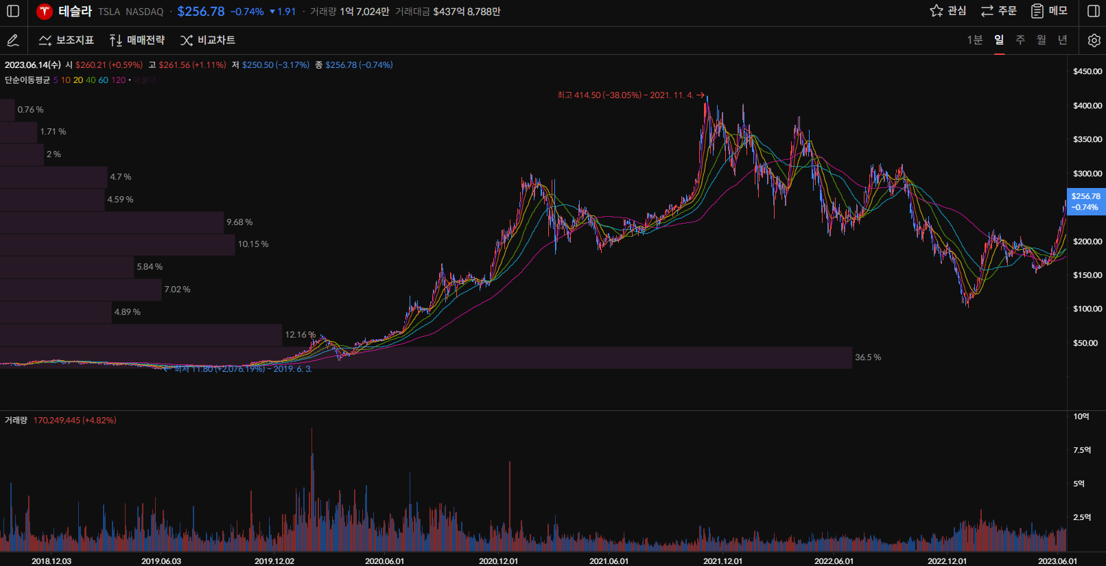 테슬라 주가 일봉