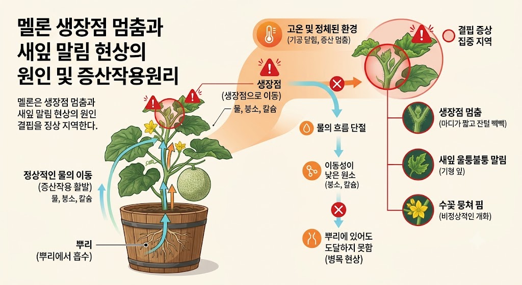 멜론 생장점 멈춤과 새잎 말림 현상의 증산작용 및 영양 이동 원리를 설명하는 다이어그램