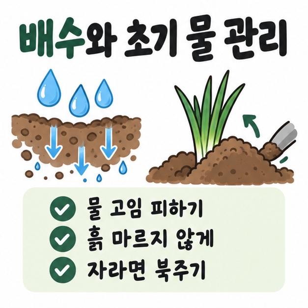배수와 물주기, 북주기를 체크리스트와 대파 밭 그림으로 보여주는 관리 카드