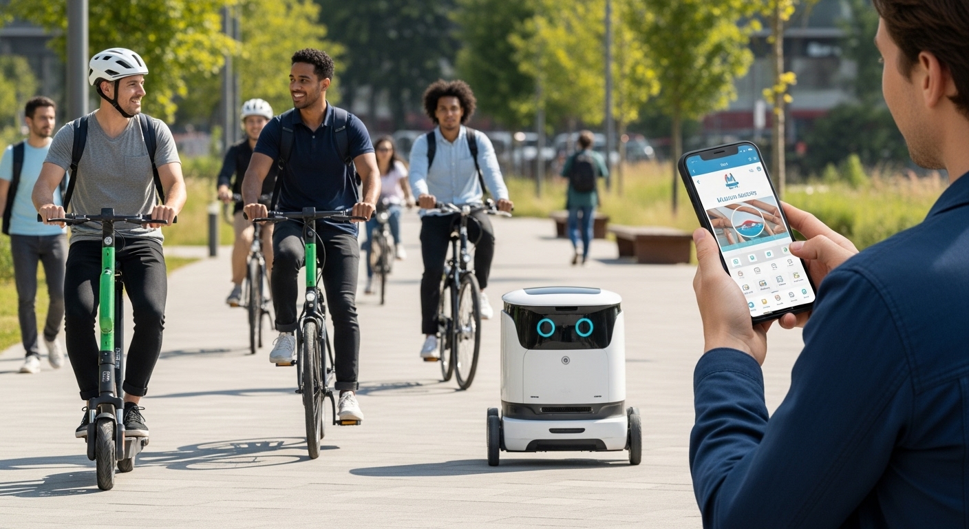 ์ ๋ ํฅ๋ณด๋, ๊ณต์  ์์ ๊ฑฐ, ์์จ์ฃผํ ๋ก๋ด ๋ฑ ๋ค์ํ ๋ผ์คํธ ๋ง์ผ ๋ชจ๋น๋ฆฌํฐ ์๋จ์ผ๋ก ์ด๋ํ๋ ์ฌ๋๋ค. ํตํฉ๋ ์ด๋ ์๋น์ค์ ํธ๋ฆฌํจ์ ๋ณด์ฌ์ฃผ๋ ๋์ ํ๊ฒฝ.