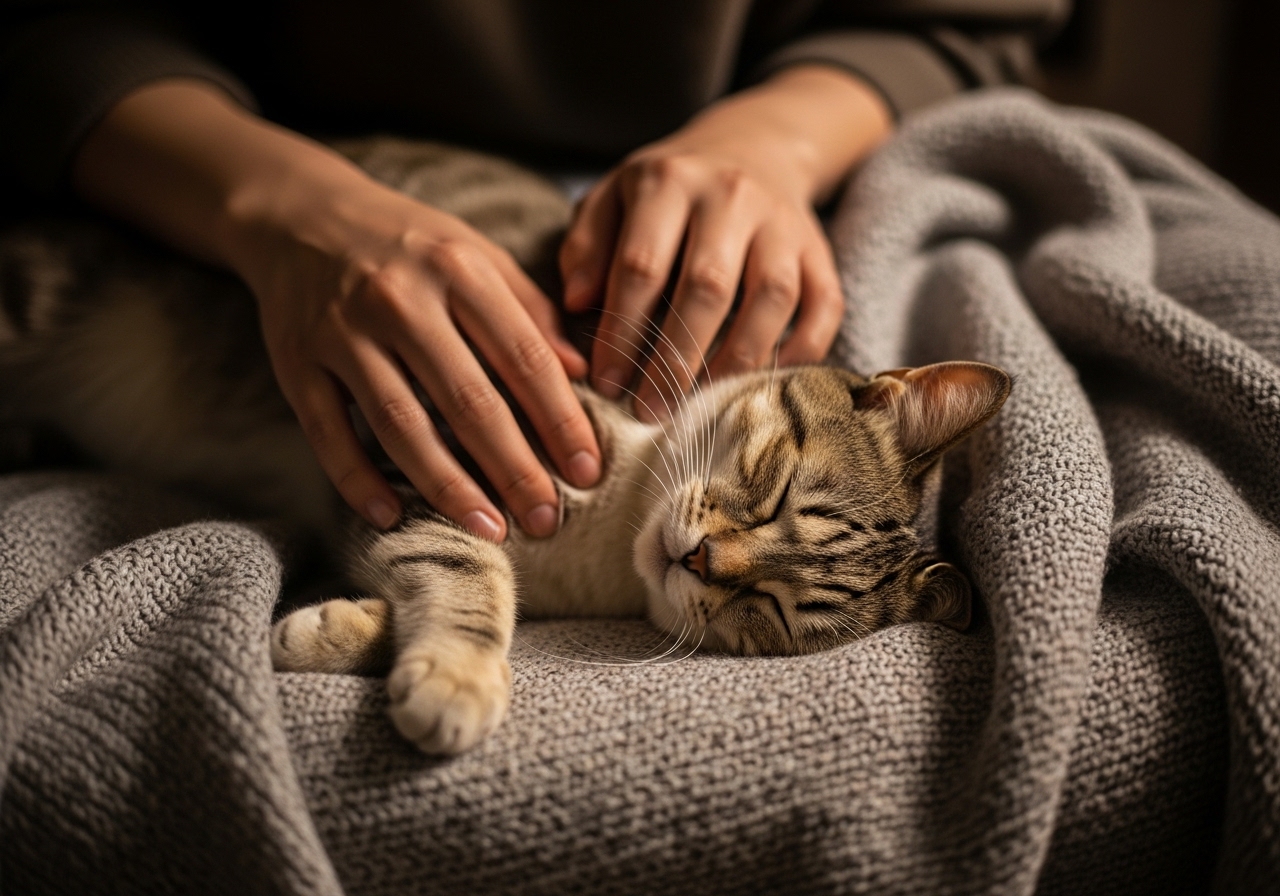 담요 위에서 잠든 고양이를 보호자가 부드럽게 쓰다듬어 주는 모습. 반려동물과 보호자 사이의 교감을 통해 옥시토신이 분비되는 것을 상징한다.