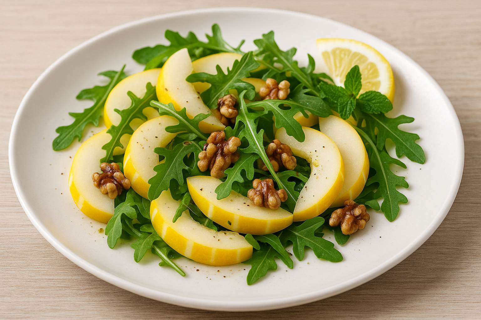 밝은 접시에 담긴 참외 샐러드와 루꼴라, 호두, 레몬 조각