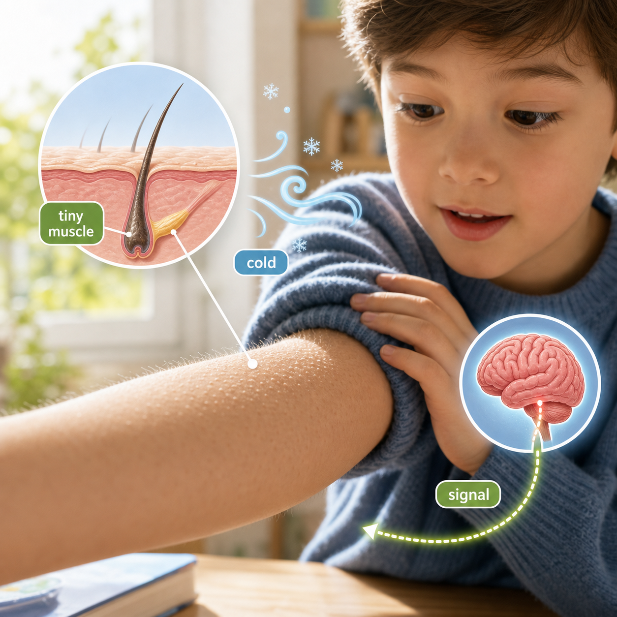 A student noticing goosebumps on an arm in cool air