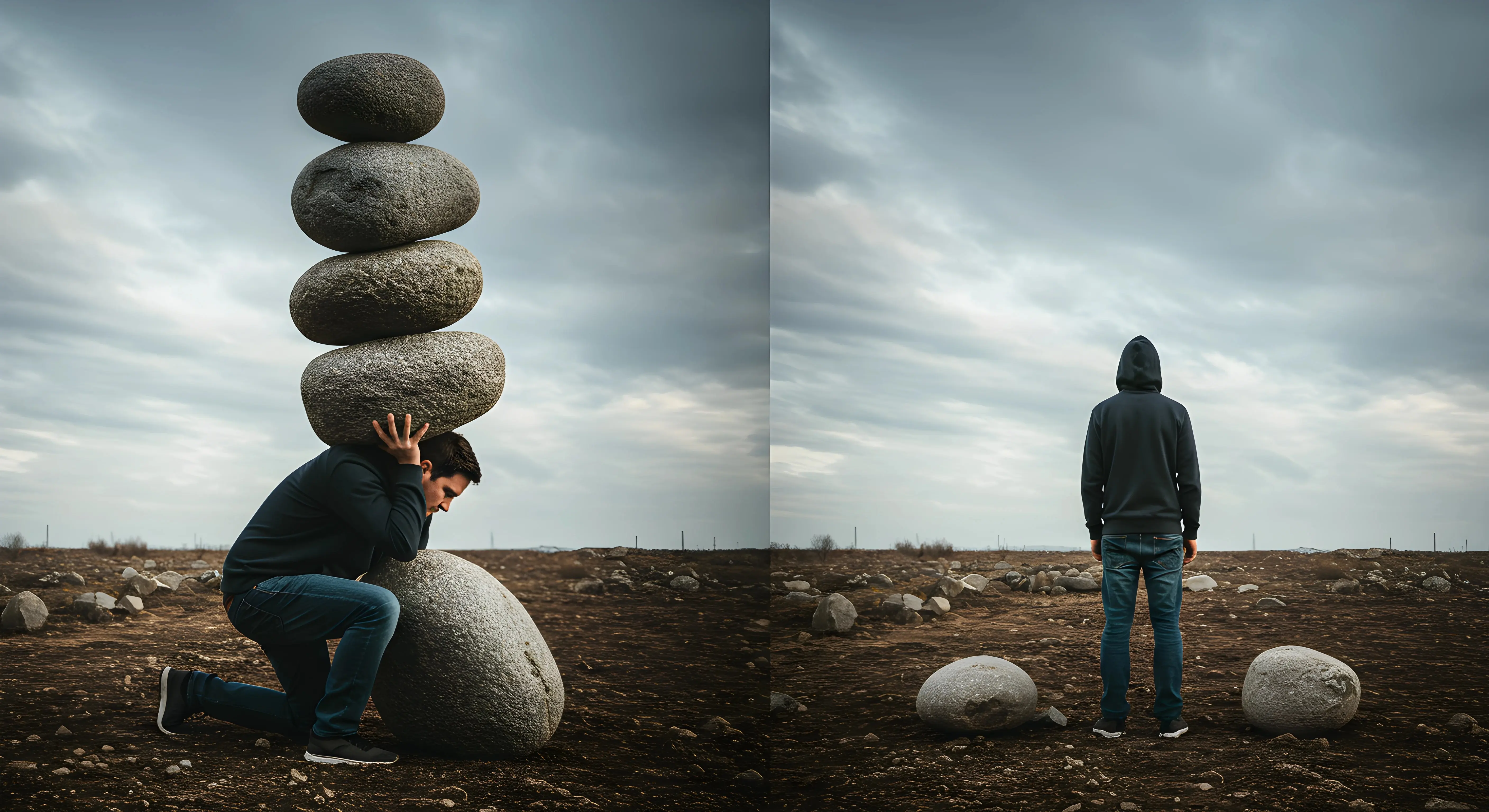 무거운 돌덩이를 등에 짊어진 사람과 돌을 내려놓고 자유롭게 서 있는 사람의 대비를 통해 심리적 부담과 해방감을 보여주는 사진