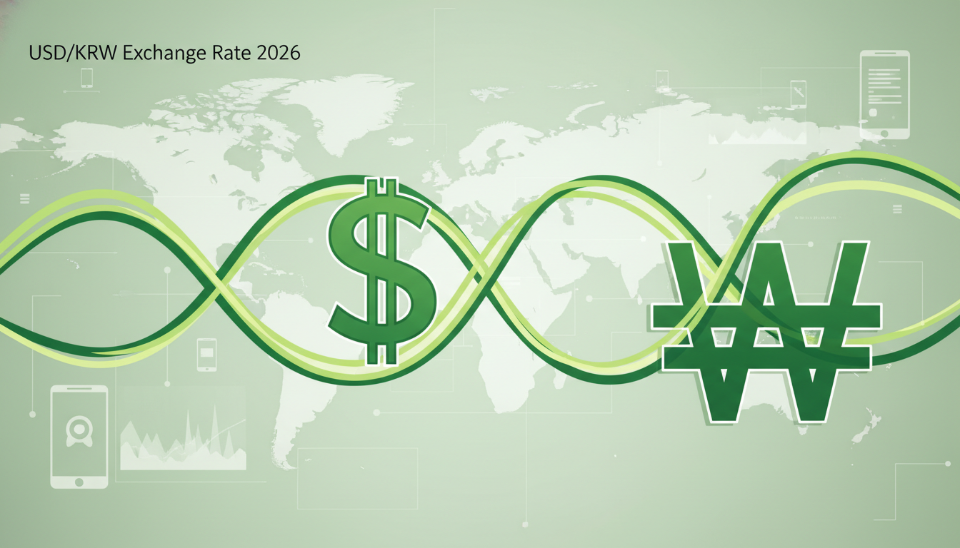 2026년 달러 환율 변동성과 환전 앱 아이콘들이 어우러진 추상적인 이미지.