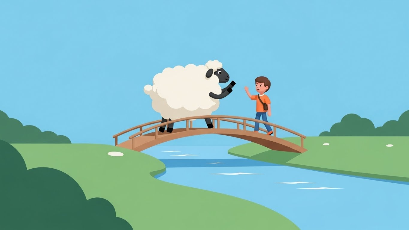 강 위의 다리를 건너며 주변과 소통하고 조화를 이루는 양 캐릭터의 2D 플랫 벡터 일러스트