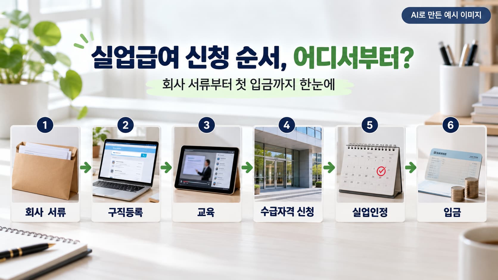 회사 서류 처리, 구직등록, 교육, 수급자격 신청, 실업인정, 입금 순서로 이어지는 실업급여 신청 6단계 그림