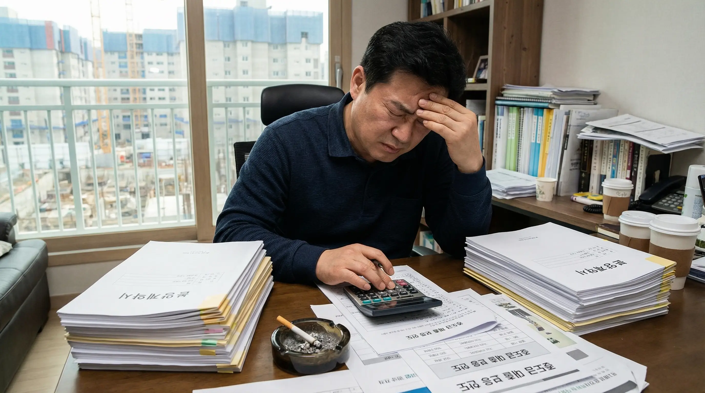 분양권 2개를 보유한 투자자가 중도금 대출 보증 한도 문제로 고민하며 계산기를 두드리는 모습