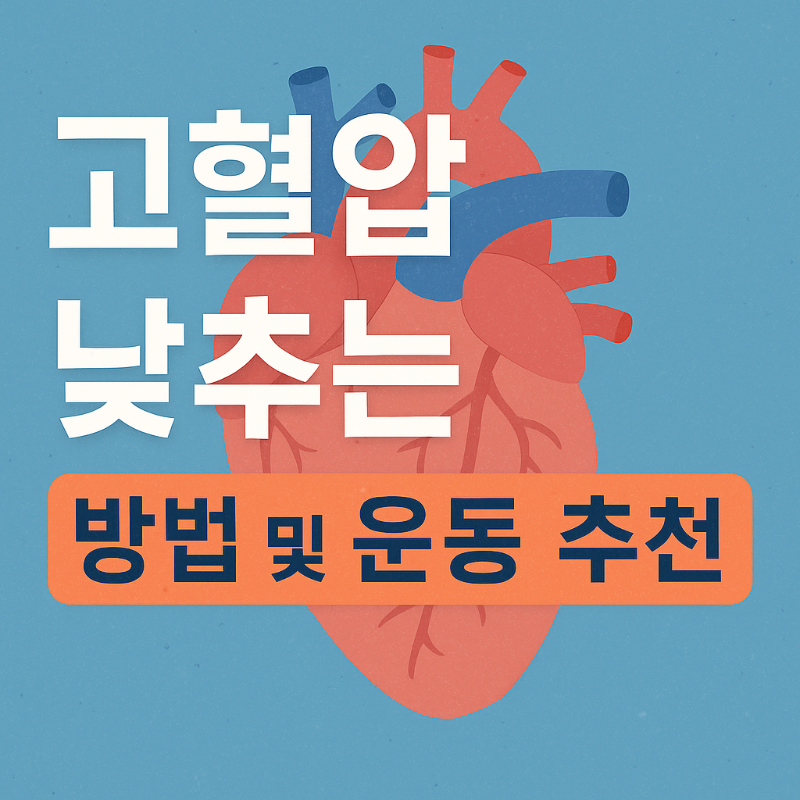 고혈압 낮추는 방법 및 운동 추천 – 심장 일러스트와 함께 건강관리 정보를 강조한 썸네일 이미지
