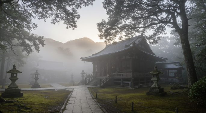 안개 낀 일본 사찰의 아침