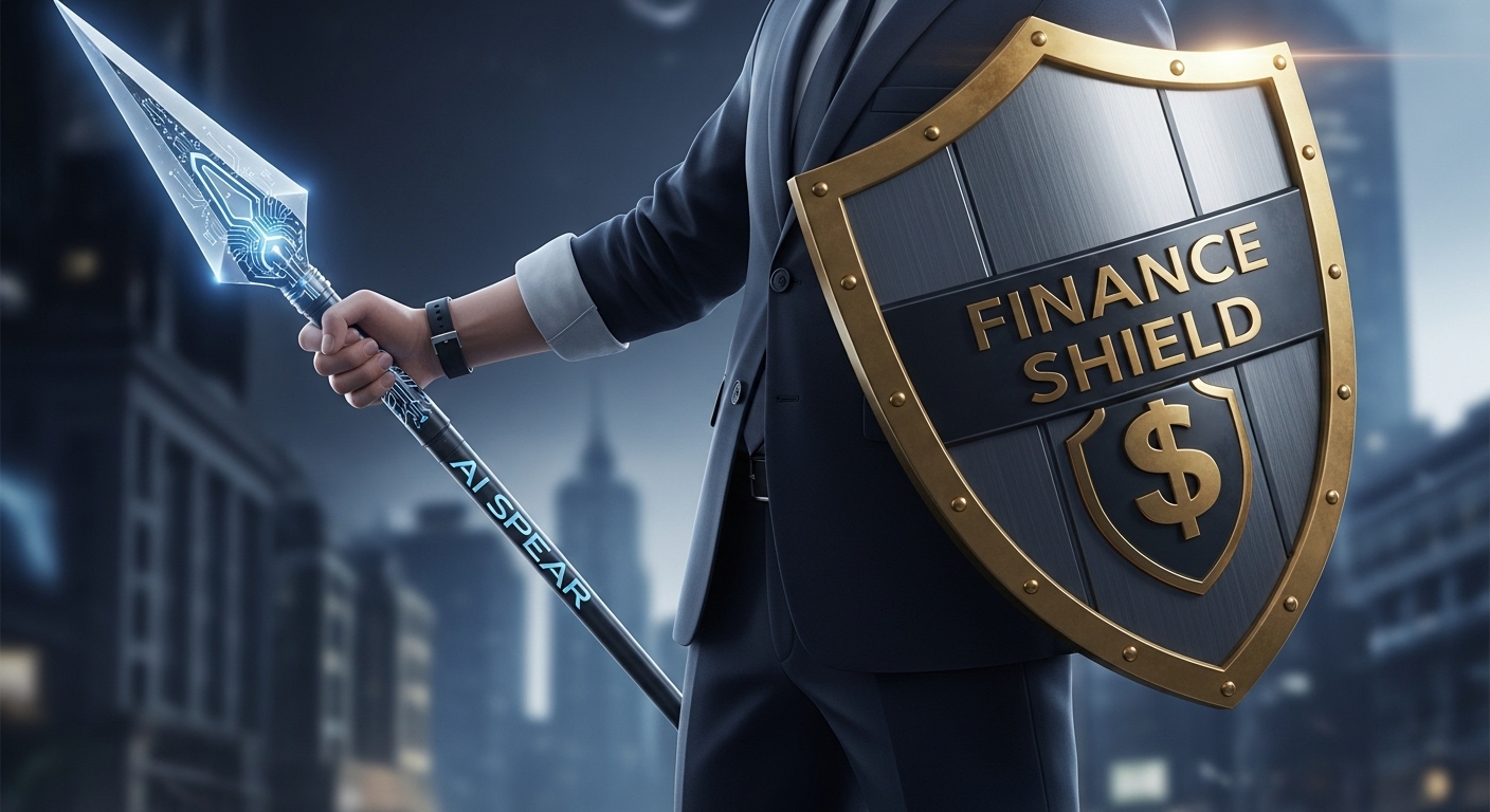 'AI/반도체(창)'와 '금융/통신(방패)'를 양손에 들고 균형을 잡고 있는 투자자의 모습