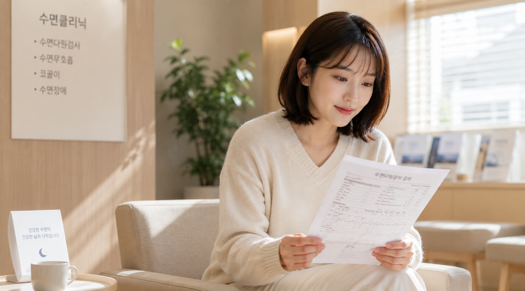 수면 검사 결과를 다시 확인하며 생각하는 여성