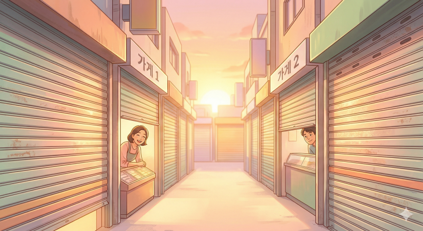 2026년 한국 내수 침체와 소상공인 위기: 닫힌 셔터 골목에 비치는 아침 햇살