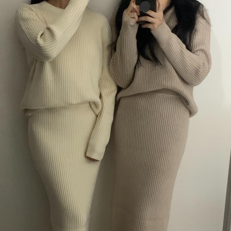 (당일) 니즈 골지 세트 하찌 니트 스커트 투피스 세트 겨울 비스코스 캐시라이크 셋업