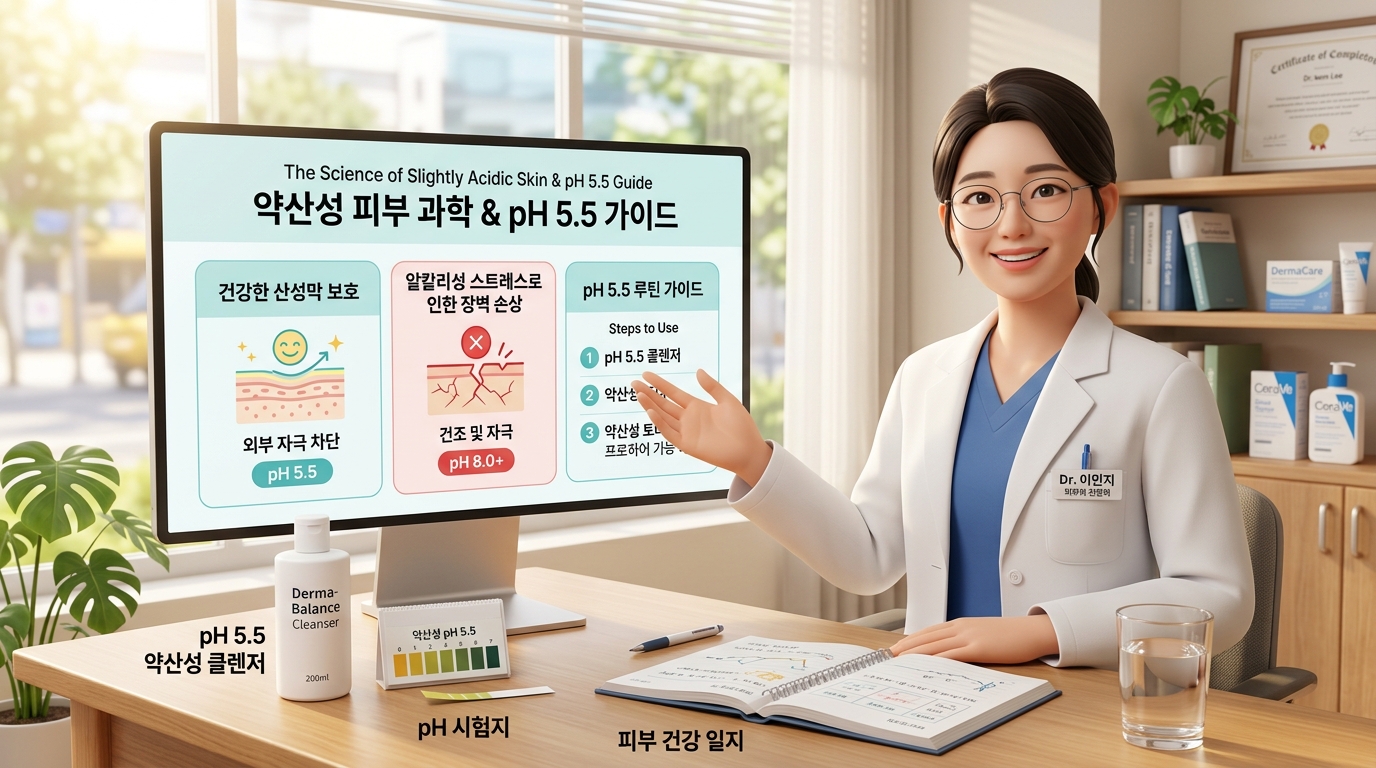 청정하고 세련된 분위기의 대학병원 피부과 진료실에서 보건 의학 전문가 선생님이 대형 인포그래픽 모니터를 가리키며 가혹한 알칼리성 세안이 유발하는 표피 산성막 파괴 및 지질 장벽 와해 생리학적 메커니즘을 조목조목 설명하고, 약산성 피부의 과학 관리 수칙과 pH 밸런스가 무너지면 생기는 일과 pH 5.5의 중요성에 대한 정답으로 pH 5.5 약산성 세정제 사용, 세안 후 3초 토너 완충 및 저자극 보존 행동 수칙을 환자에게 다정하게 안내해 주는 현대적이고 깔끔한 3D 렌더링 이미지.
