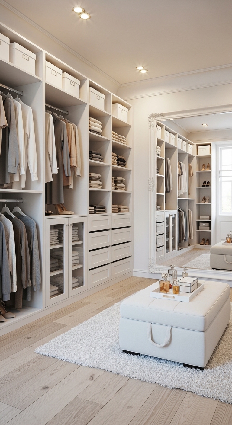 깔끔하게 정리된 화이트 톤의 드레스룸 사진