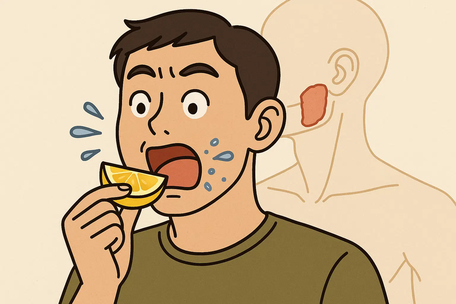 레몬 조각을 입에 넣자 놀란 표정을 짓는 사람, 입 주변에 튀어나오는 침방울