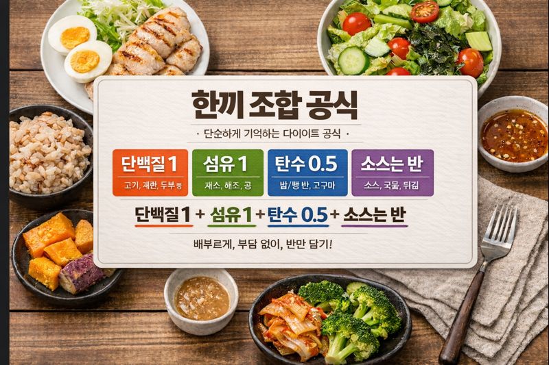 한끼 조합 공식(단백질 1, 섬유 1, 탄수 0.5, 소스는 반)을 보여주는 식단
