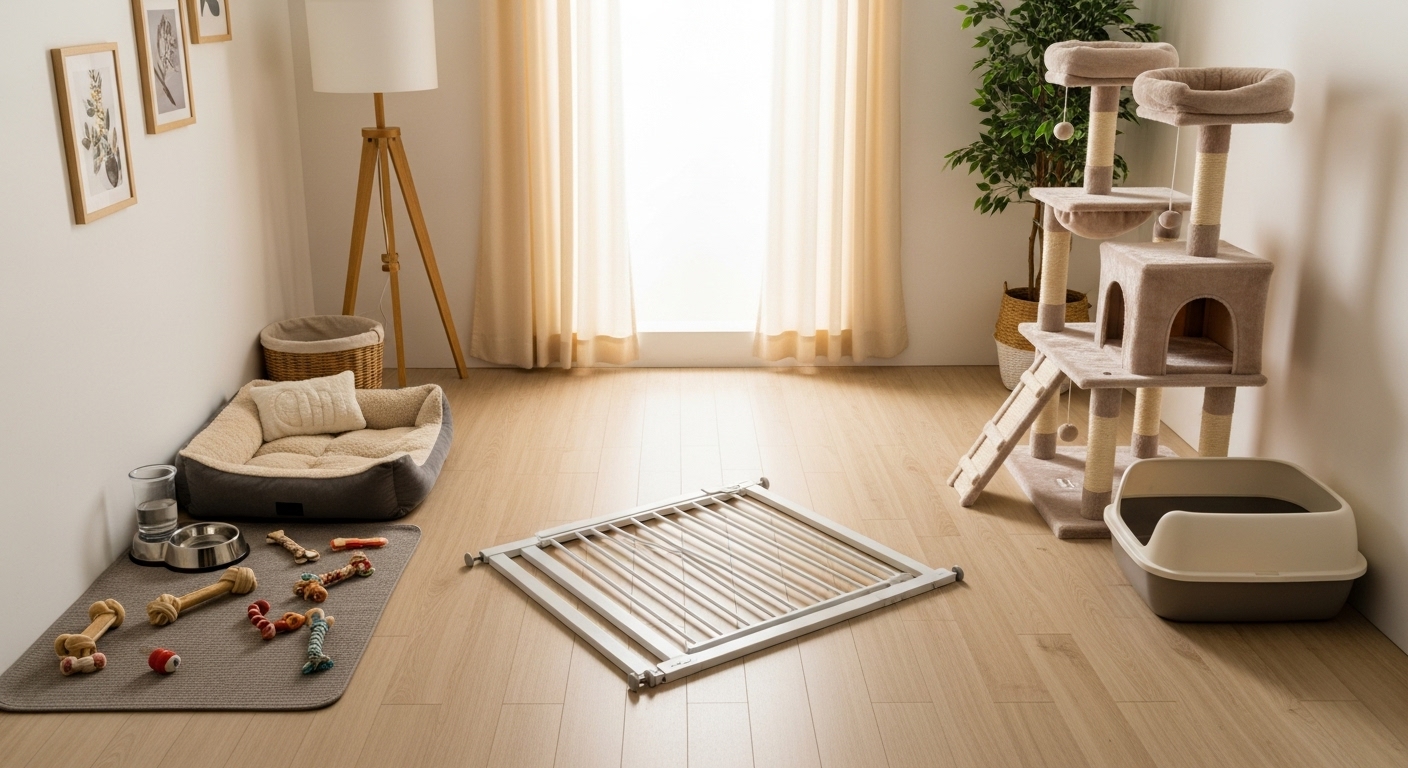 강아지와 고양이의 공간이 분리된 방에 합사를 위한 안전문이 설치되어 있는 모습