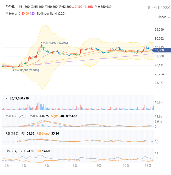 카카오 일봉 차트 자세히
