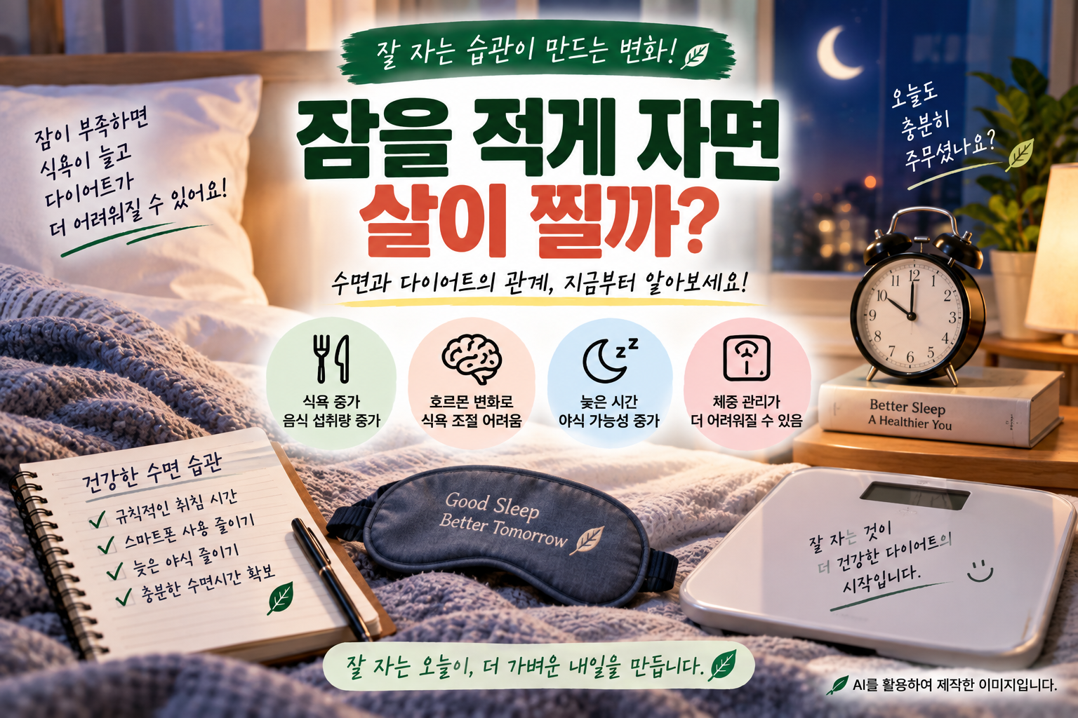 수면 부족이 식욕과 체중 관리에 미치는 영향을 설명하는 다이어트 이미지