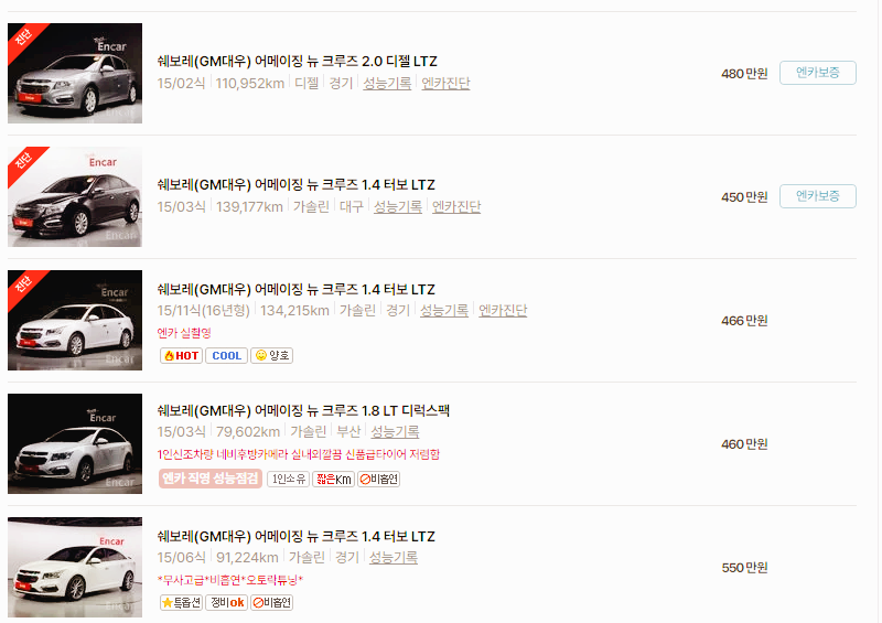 쉐보레 크루즈 중고차 가격 시세표 24년10월