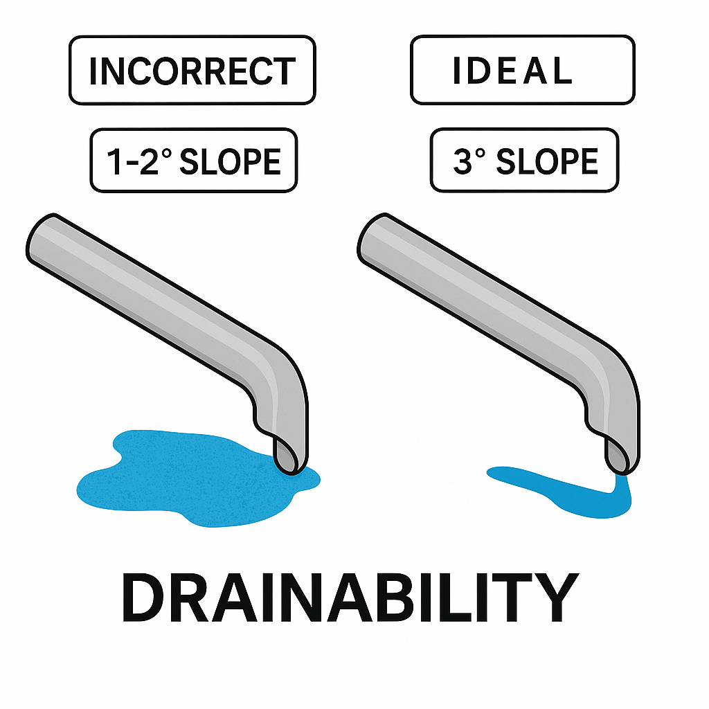 Comparative illustration of incorrect 1&ndash;2&deg; slope and ideal 3&deg; slope in piping drainability design