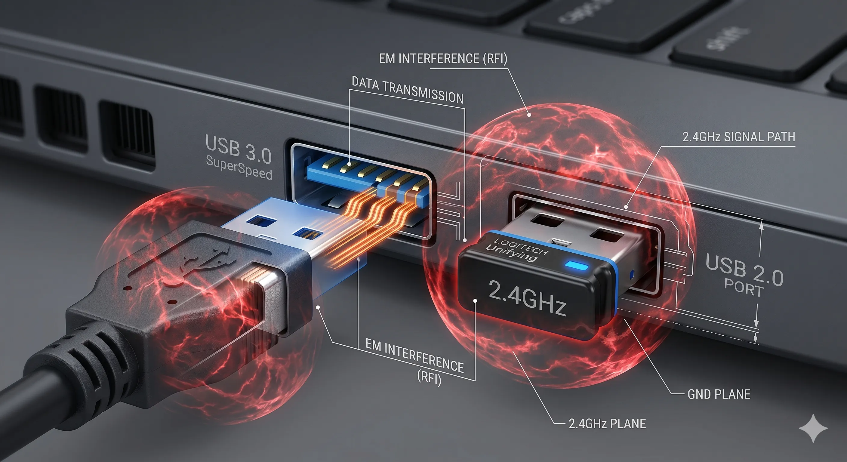 USB 3.0 케이블에서 발생하는 2.4GHz 대역의 방사 노이즈가 인접한 무선 리시버의 전파 수신을 방해하는 주파수 간섭(RF Interference) 구조를 보여주는 슬롯 매핑 다이어그램