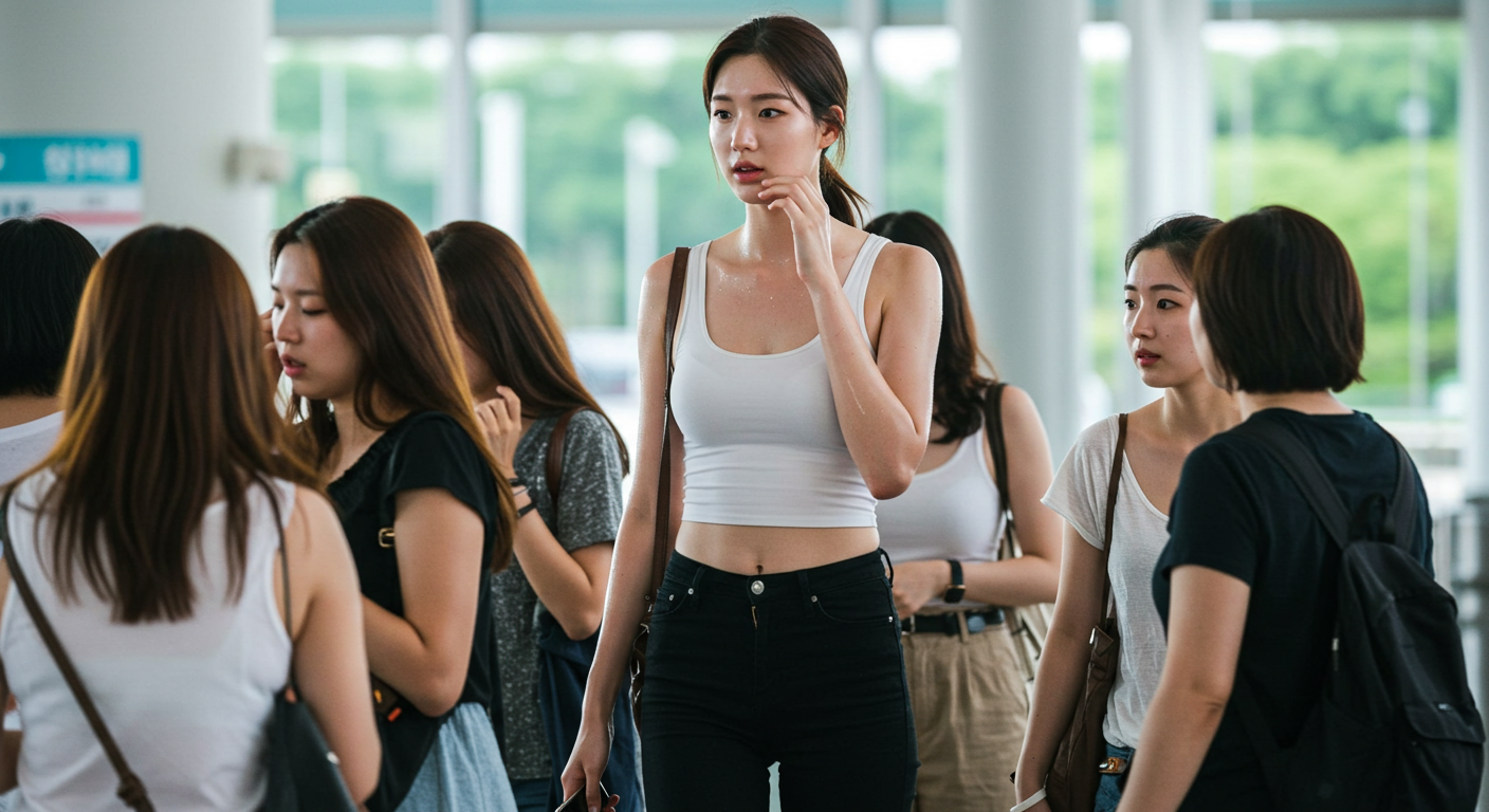 셔틀을 힘겹게 기다리는 여성